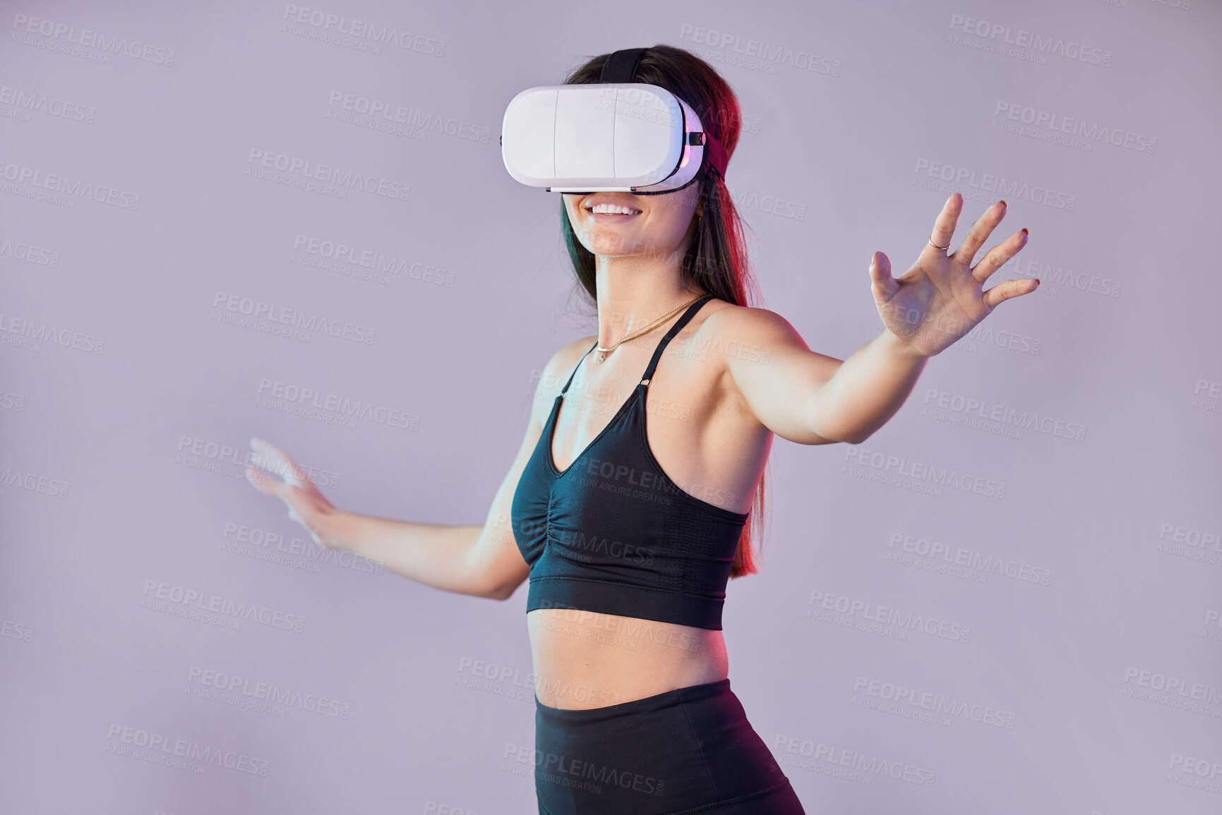 Buy stock photo Virtual reality, fitness metaverse and woman in studio isolated on a purple background. 3d gamer, vr smile and happy female athlete with futuristic headset for gaming, esports and fantasy simulation.