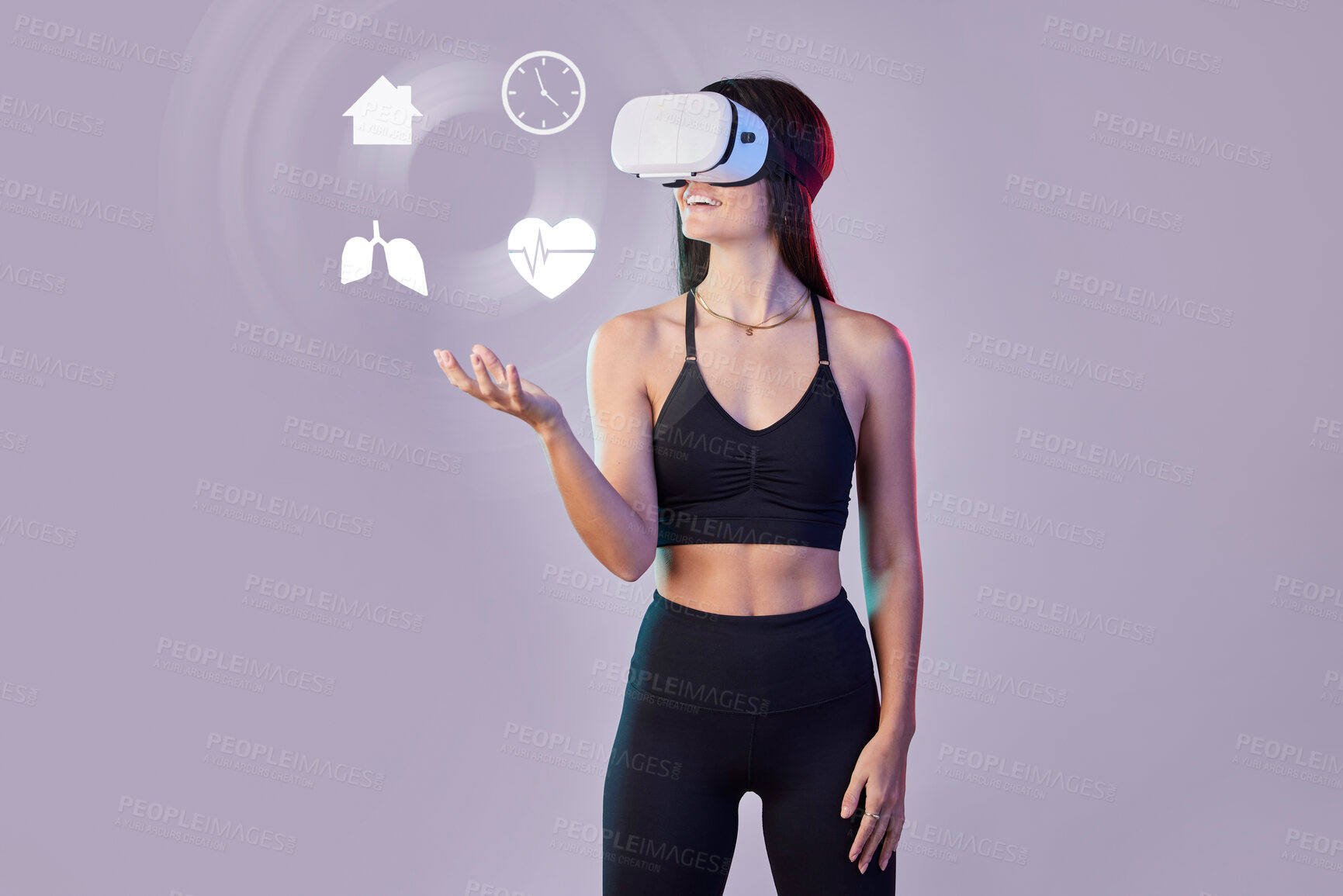 Buy stock photo Vr hologram, fitness or woman in metaverse on studio background with digital, health data for exercise. Virtual reality user or girl gamer in futuristic 3d ai experience to monitor heart wellness