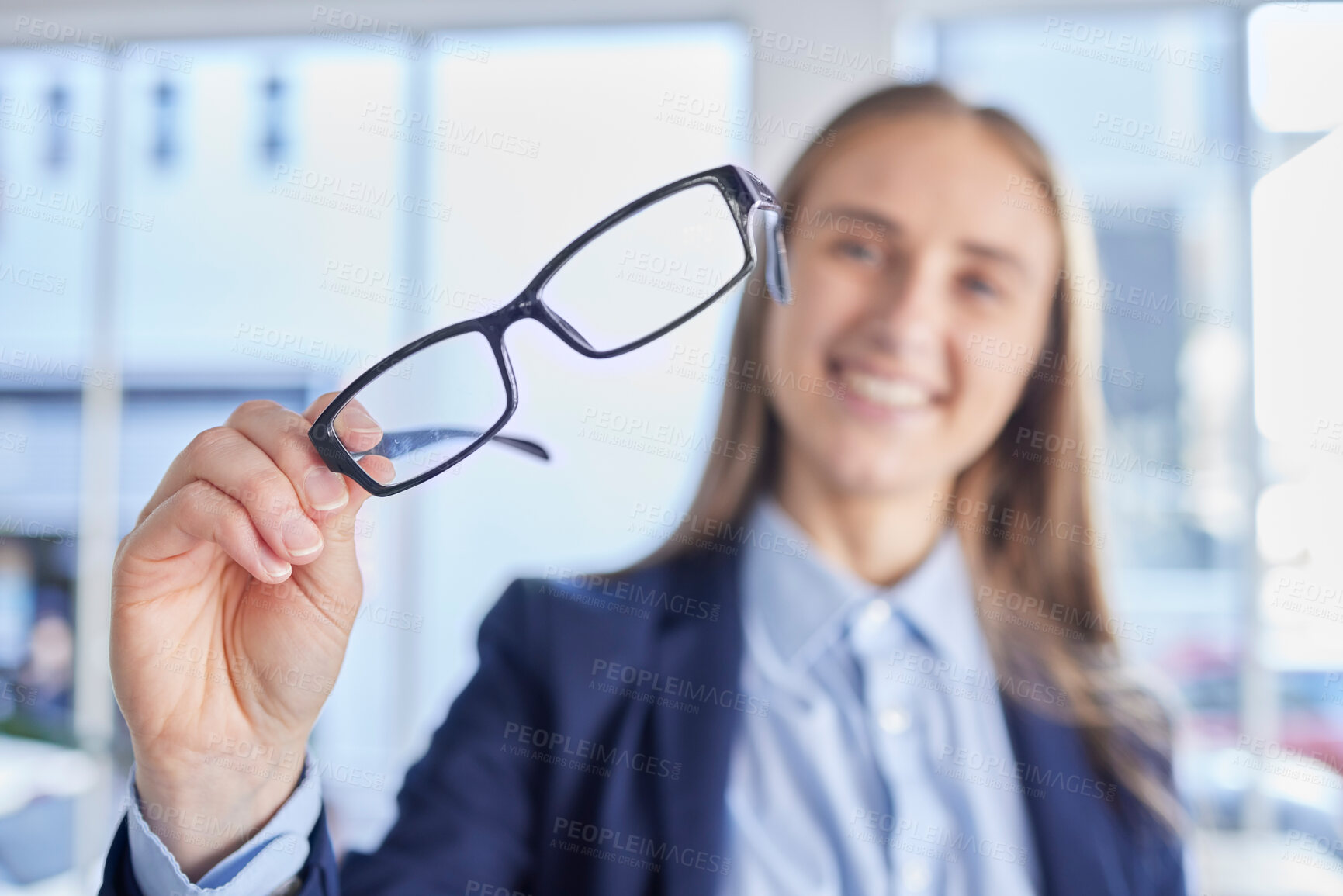 Buy stock photo Optometry, eyesight and portrait of woman with spectacles with prescription lens after eye test. Healthcare, vision and female patient or customer holding glasses frame for eye care in optical store