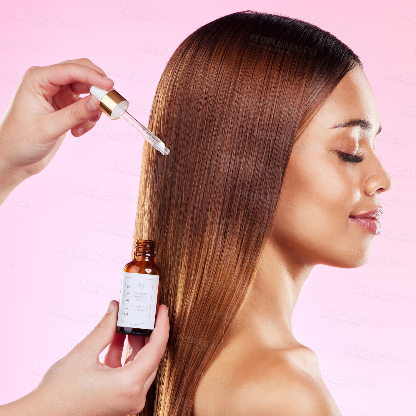 Buy stock photo Woman, studio profile and hair care oil for shine, health and treatment for beauty, strong and wellness of scalp. Happy gen z model, serum and liquid formula for cosmetics, healthy locks and smile