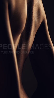 Buy stock photo Nude, back and silhouette, woman and sexy with dark aesthetic, art with skin and sensual on black background. Body, beauty and creative with seduction, cosmetics and naked female with sexuality