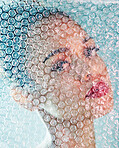 Beauty, bubble wrap and makeup with portrait of black woman for package, creative and cosmetics. Plastic, confidence and glow with girl model and red lipstick for facial, art and glow in studio