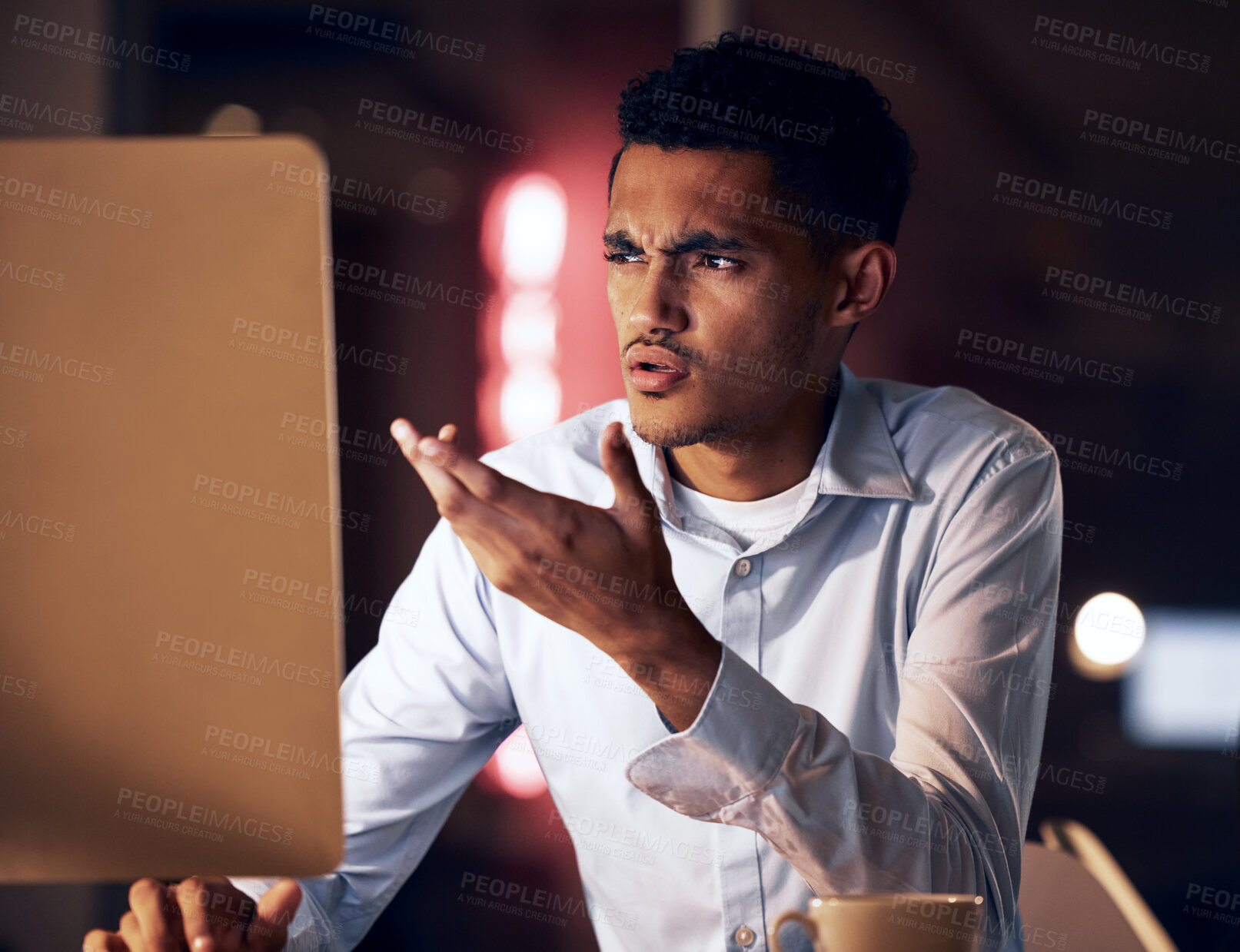 Buy stock photo Computer error, night office or businessman with financial crypto crisis, bitcoin stock market crash or NFT investment mistake. Economy, 404 fintech website or man confused with forex database glitch