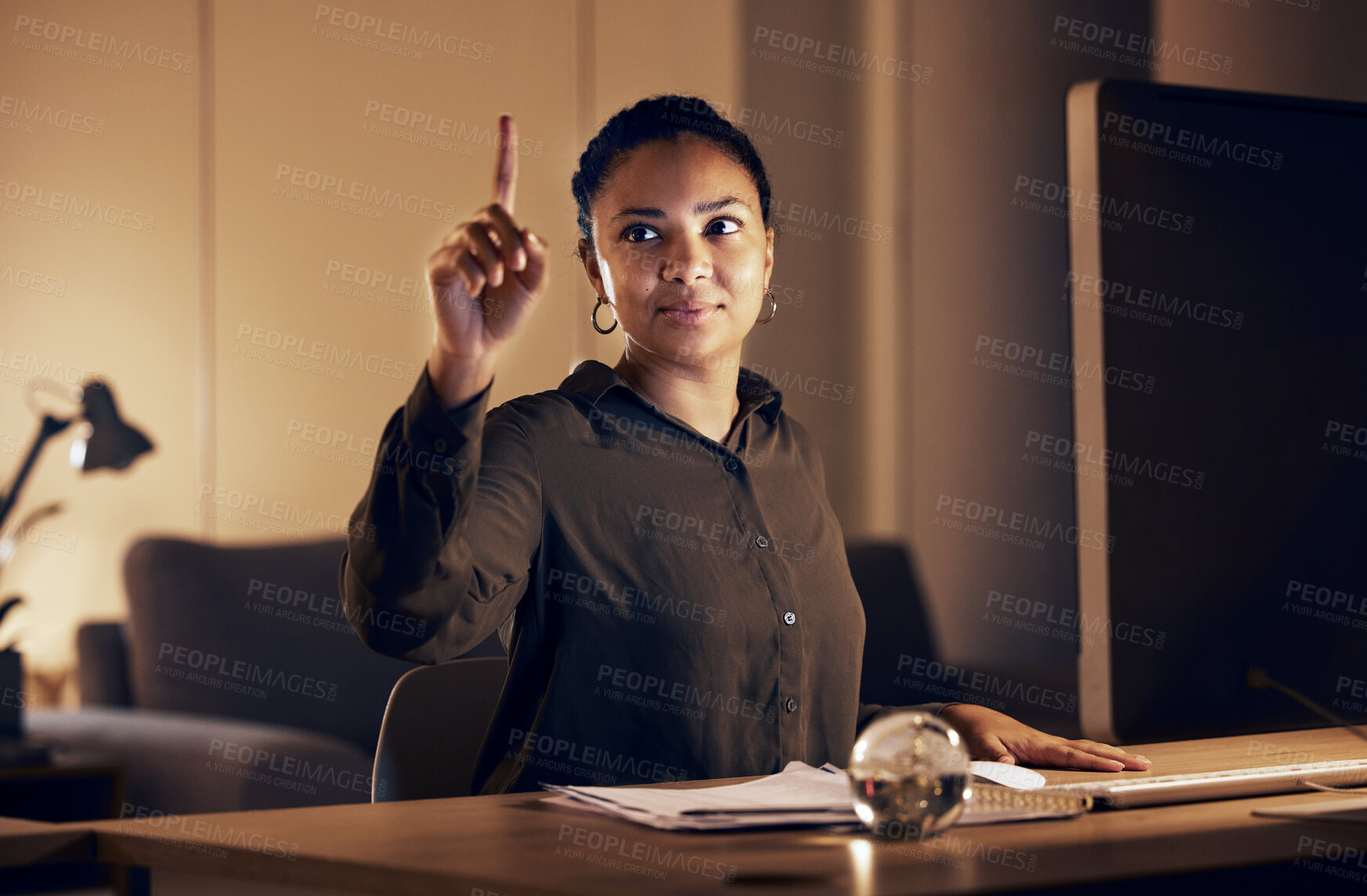 Buy stock photo Business woman, hands or interactive night office for stock market management, finance planning or future growth innovation. Worker, employee or pointing finger on touch software, computer or fintech