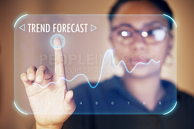 Buy stock photo Business woman, touch or hologram chart in night office on stock market management, finance planning or future growth forecast. Zoom, worker or hands on abstract screen for interactive trending graph