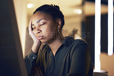 Buy stock photo Computer, night sleep and black woman tired after overtime bookkeeping, spreadsheet accounting or business data analysis. Office fatigue, dream and admin accountant sleeping, exhausted and overworked