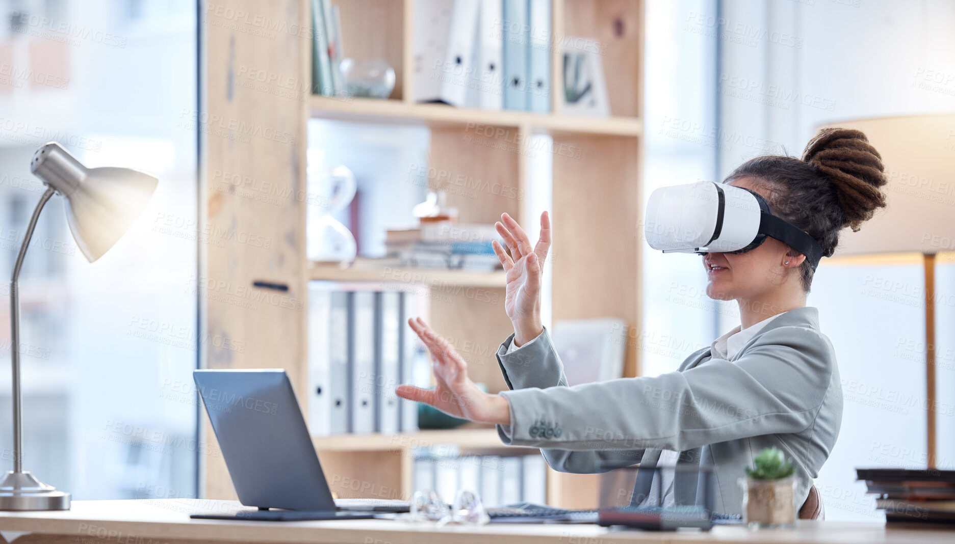 Buy stock photo VR, laptop and woman in office interaction, futuristic software and cyberpunk experience in online business. Virtual reality glasses, high tech and electronics of professional person in 3D metaverse