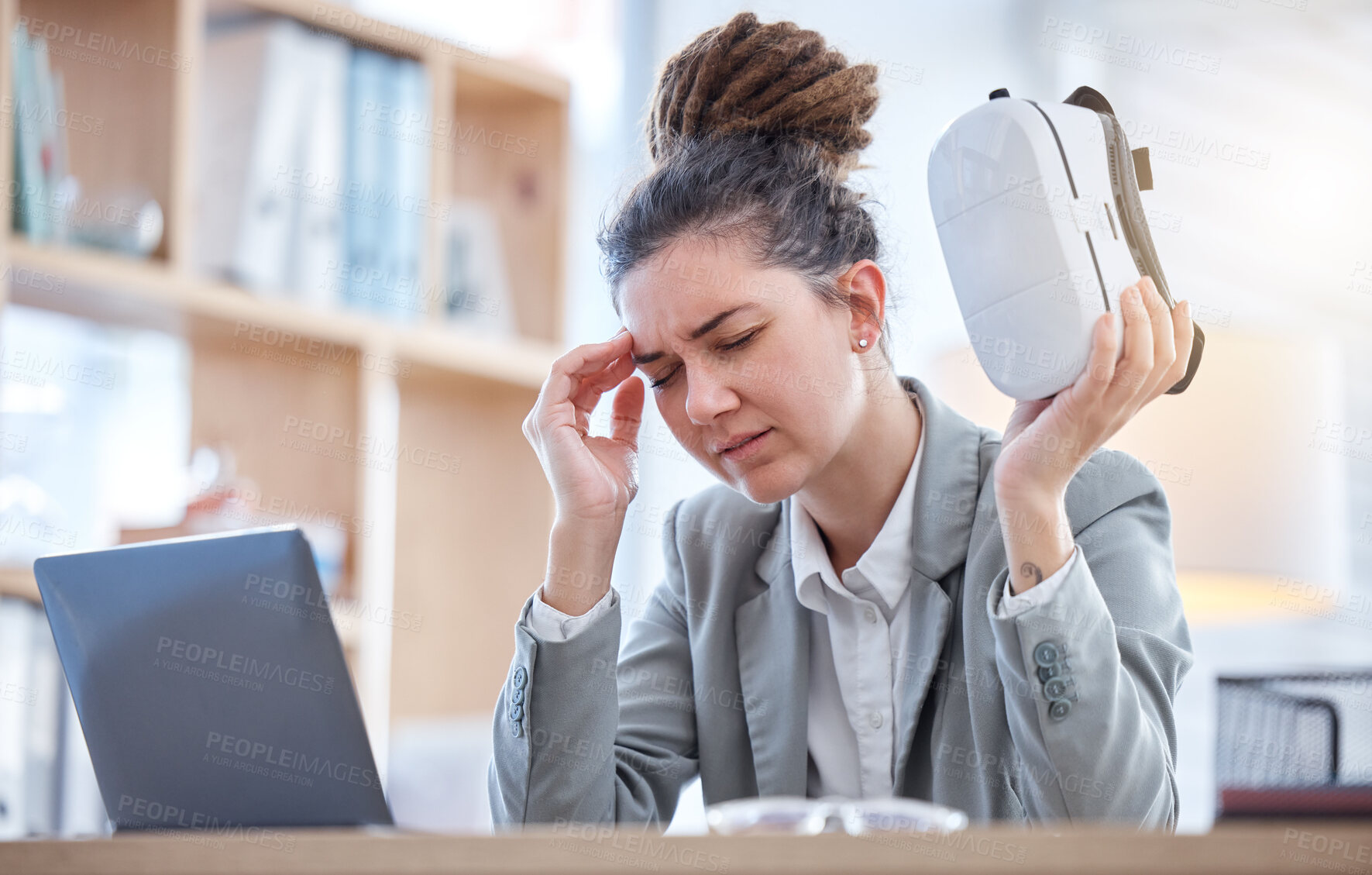 Buy stock photo Woman, headache and virtual reality glasses with stress, burnout and worker in workplace. Female employee, manager or administrator with vr, pain or depression with fatigue, frustrated or technology 