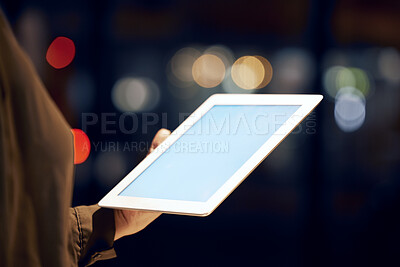 Buy stock photo Tablet mockup, hands or night with screen and woman, business advertising or customer experience insight. Brand monitoring ui, product placement research or person with social network space