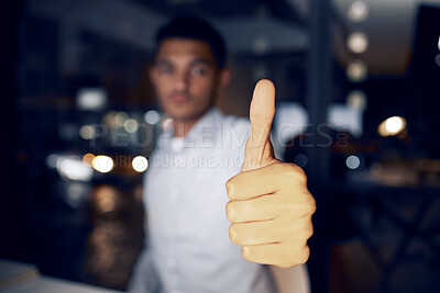 Buy stock photo Business man, night and thumbs up in office success, thank you or tech support for solution, like or goals. Professional person in workplace bokeh, career portrait vote, ok or agreement hand or emoji