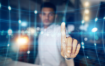 Buy stock photo Futuristic, hologram and touch screen interface, man in future technology digital overlay in virtual reality. Hand, biometric cyber business and innovation in ux design user on vr data points button.