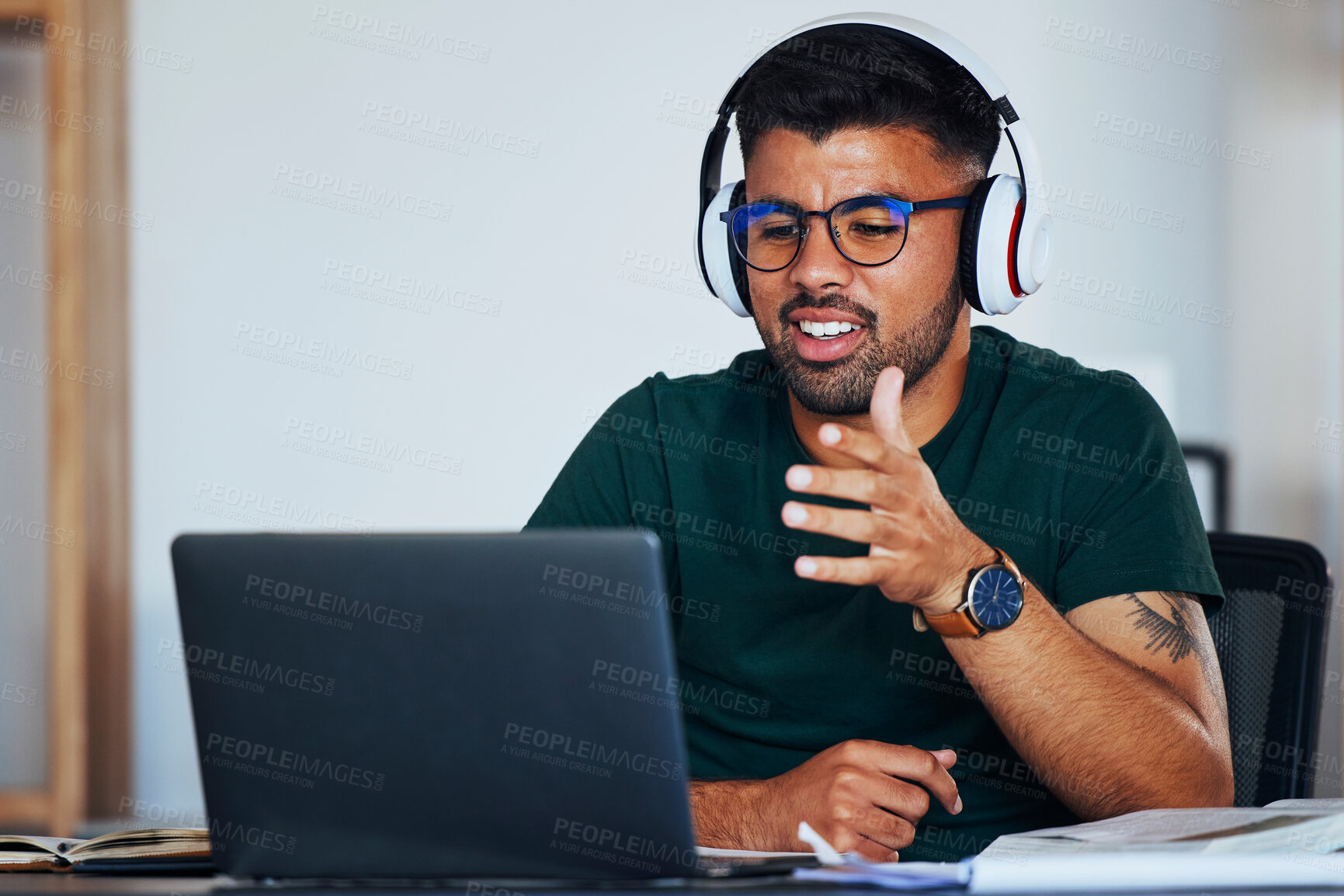 Buy stock photo Elearning, talking and man with a laptop for class, confused and studying on a video call. Education, remote and student listening to school communication, online course and speaking on a pc