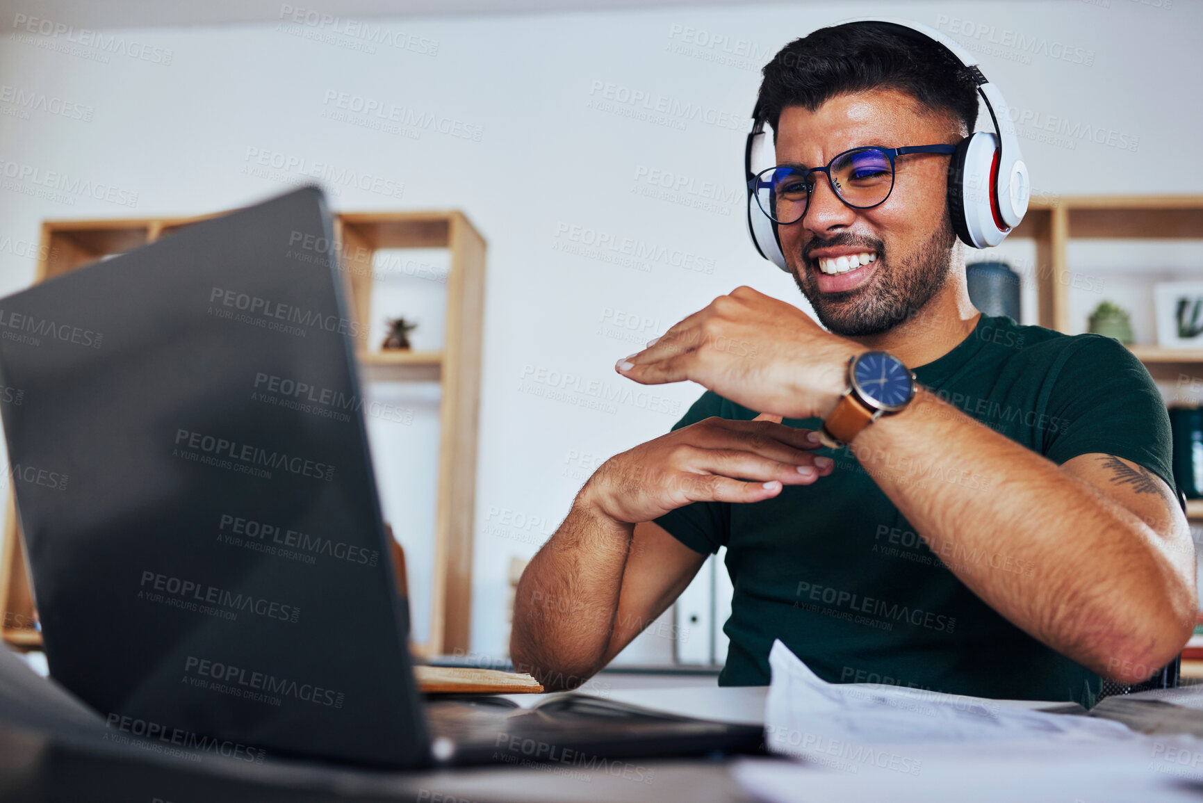 Buy stock photo Man, office and video call with hand, size and explaining for webinar, online workshop or learning. Gen z student guy, studying and hands for education with laptop, headphones and digital classroom