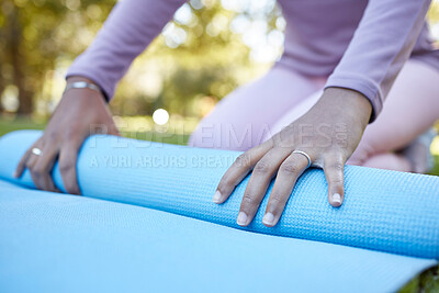 Buy stock photo Yoga mat, woman hands and exercise outdoor ready to start fitness with blurred background. Zen exercise, meditation and pilates workout of a female in nature for wellness and stretching with peace