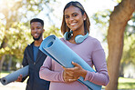 Fitness, woman and portrait smile for yoga, spiritual wellness or healthy exercise in the nature outdoors. Happy woman yogi smiling with mat for calm zen training, practice or workout class at a park