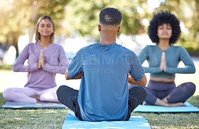 Buy stock photo Mediation, fitness and yoga class with people in park for relax, mindfulness and spirituality. Zen, peace and wellness with group and training in grass field for health, healing or gratitude