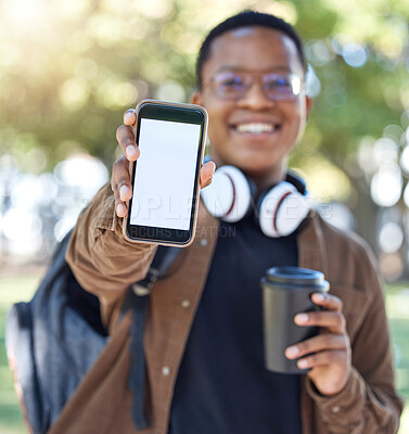 Buy stock photo Black man, phone screen mockup and portrait of a gen z student in the morning with bokeh. Smile, blurred background and mock up for social media, brand marketing and networking message outdoor