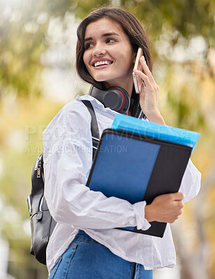 Buy stock photo Student, woman and phone call at campus, outdoor and smile for conversation, chat and excited in summer. Young gen z girl, smartphone communication and networking at university with books in sunshine