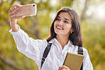 Student, woman and happy for selfie at college, outdoor and smile for social network ui, web or excited in summer. Young gen z girl, influencer or profile picture at university for mobile photography