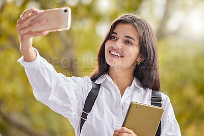 Buy stock photo Student, woman and happy for selfie at college, outdoor and smile for social network ui, web or excited in summer. Young gen z girl, influencer or profile picture at university for mobile photography