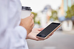 Woman hands with phone and coffee in city street for 5g network, reading social media post and mobile app chat. Urban person hand holding smartphone or cellphone and drink for outdoor location search