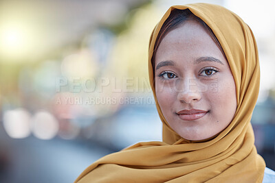 Buy stock photo Travel, relax and portrait of Muslim woman in city for young, proud and natural in urban town. Islamic, positive and confident with girl wearing hijab in Dubai for calm, weekend and bokeh mockup