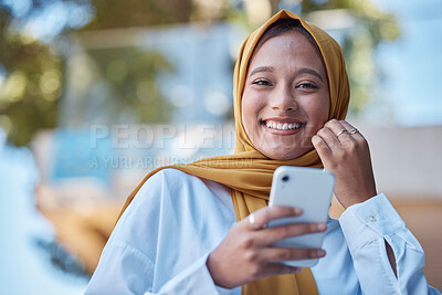 Buy stock photo Phone, outdoor and portrait of muslim woman with mindset for international culture, city networking and mobile app. Young hijab entrepreneur or face of islamic person from Saudi Arabia on cellphone