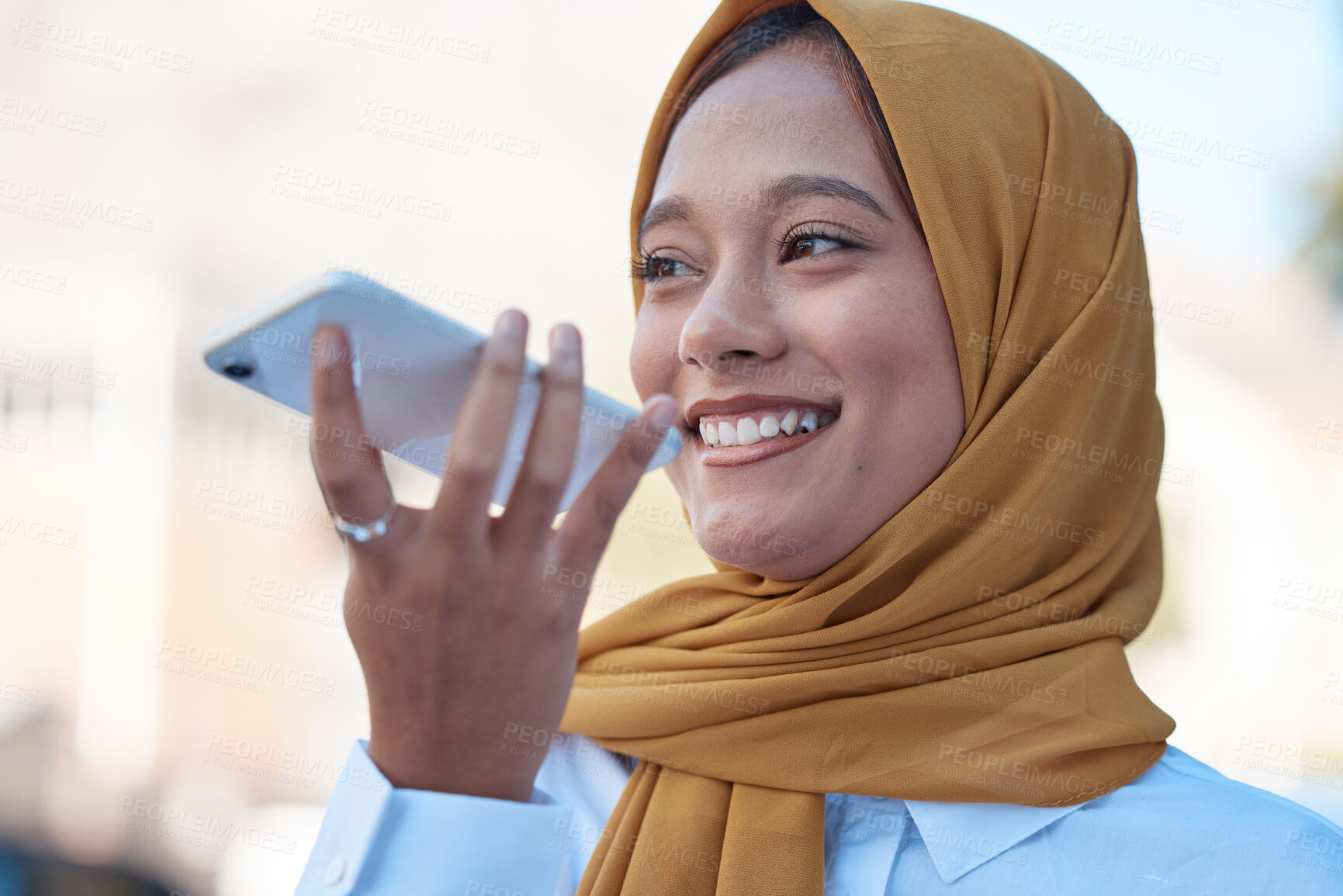 Buy stock photo Face, phone call and loud speaker, woman and smile, communication and voice note with social media and Muslim person. Happy, young Islamic female in hijab, smartphone and technology with chat outdoor