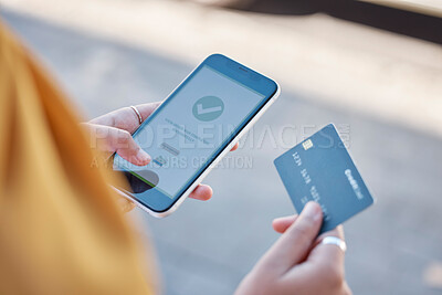 Buy stock photo Credit card, phone screen and hands of woman online shopping, ecommerce and successful financial payment. Person outdoor on smartphone. Cellphone or fintech for banking on mobile app or order service