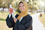 Graduation portrait, university and muslim woman with certificate for education, learning success and college. Islamic student or young hijab person with diploma for school at campus park or outdoor