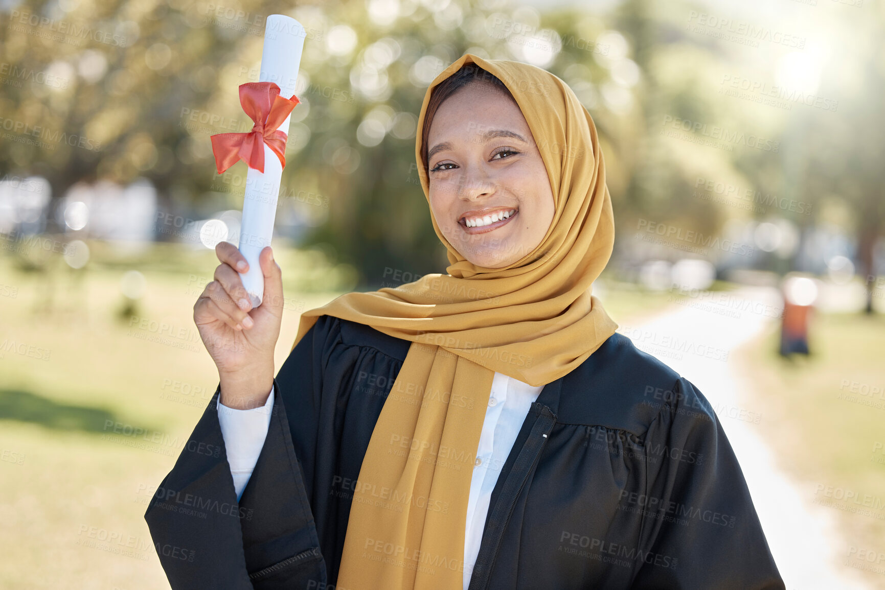 Buy stock photo College graduation portrait of muslim woman with education certificate, learning success and university achievement. Islamic student or young hijab person and study diploma at campus, park or outdoor