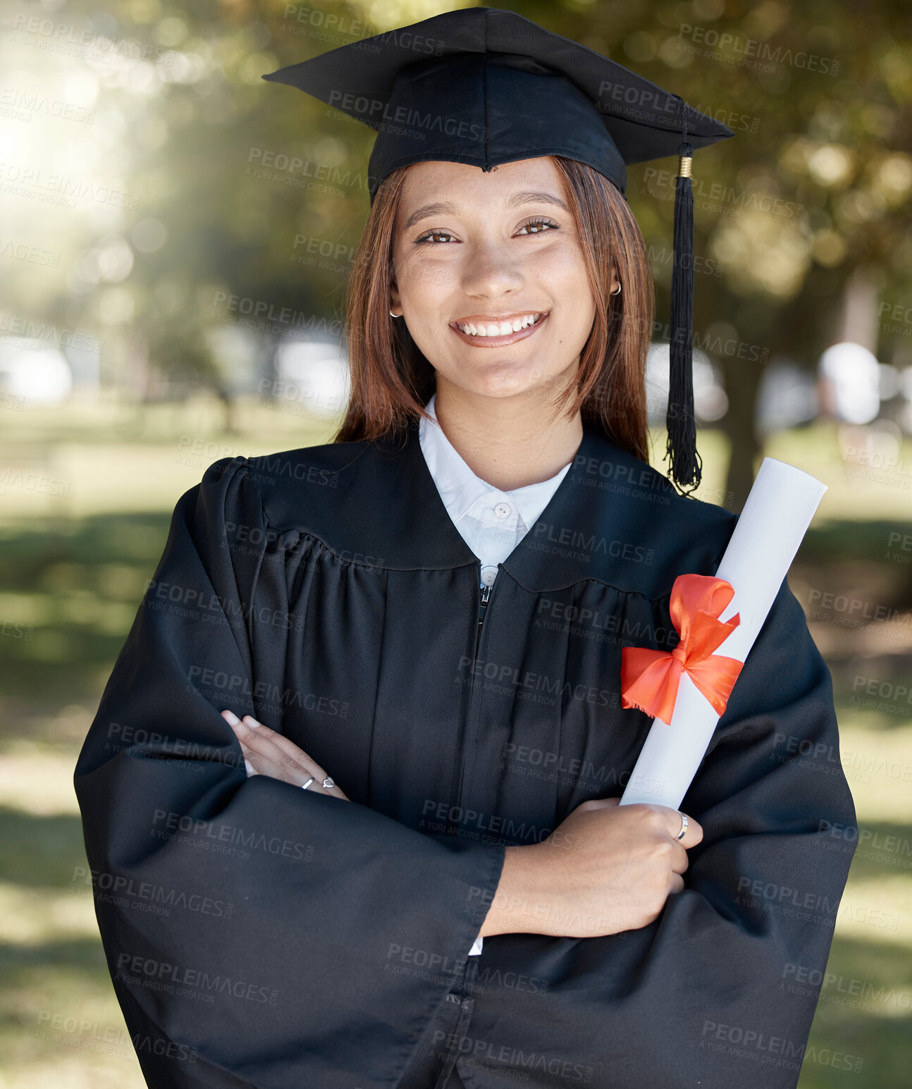 Buy stock photo Education, graduation and portrait of woman with diploma on campus for success, award and achievement. University, college and happy female graduate smile with certificate, degree and academy scroll