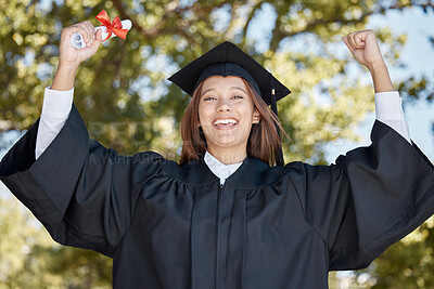 Buy stock photo Celebration, graduation and portrait of a woman with a diploma for finishing university. Achievement, happy and graduate with a certificate to celebrate the completion of academic studies at college