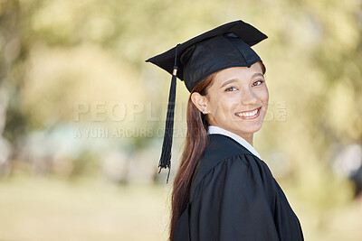 Buy stock photo Portrait, student smile and graduation of woman from Brazil outdoor in university or college mockup. Graduate face, education scholarship or happy, proud or confident female with academic achievement