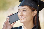 Phone call, student smile and graduation of woman outdoor in university or college campus. Graduate face, education scholarship and happy female talking, chatting or speaking on 5g mobile smartphone.