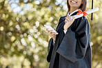 Graduation, university diploma and girl with phone on campus smile for success, award and achievement. Education, college and happy graduate student with certificate, degree and texting on smartphone