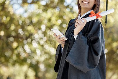 Buy stock photo Graduation, university diploma and girl with phone on campus smile for success, award and achievement. Education, college and happy graduate student with certificate, degree and texting on smartphone