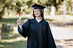 University certificate, graduation and portrait of girl on campus smile for success, award and achievement. Education, college academy and happy graduate student with diploma, degree and scroll