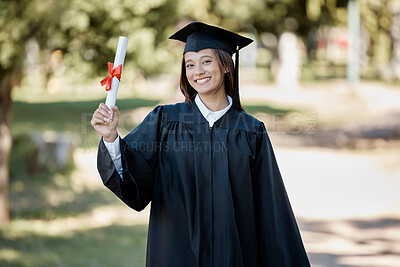 Buy stock photo University certificate, graduation and girl with smile on campus for success, award and achievement. Education, college academy and happy portrait of graduate student with diploma, degree and scroll