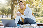 Muslim, student and woman with laptop in park for elearning, studying or knowledge research. Islamic college, education scholarship and female with computer for internet browsing in university campus