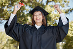 Success, graduation and portrait of a woman with a diploma for finishing university. Achievement, happy and graduate with a certificate to celebrate the completion of academic studies at college