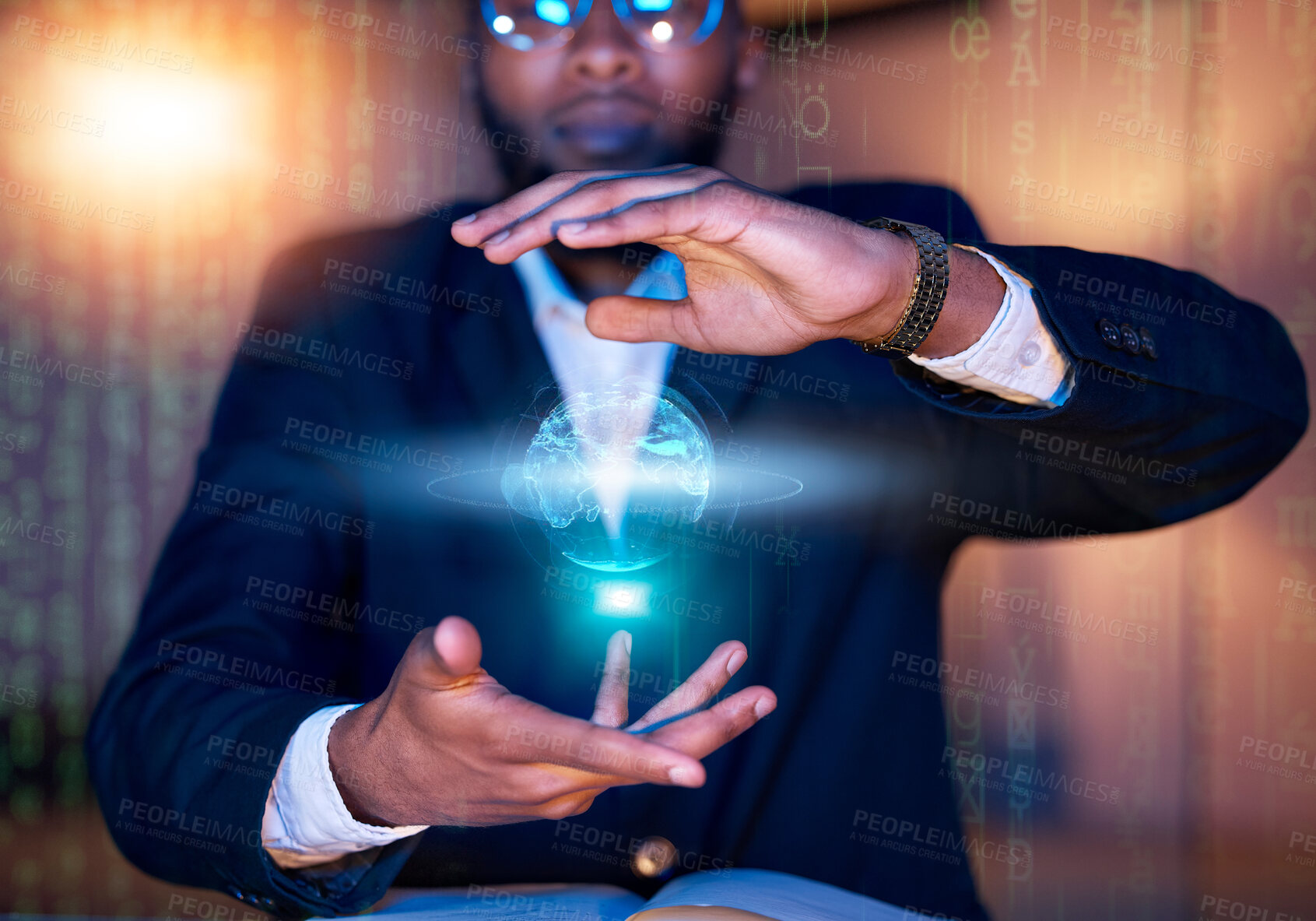 Buy stock photo Global hologram, code network and black man hands with futuristic software in the dark. International database, virtual overlay and ux holographic analytics work at night with African user at office