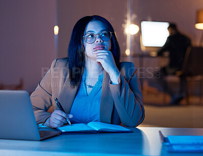 Buy stock photo Thinking, ideas and woman in night office for digital planning, information technology solution and software development. Contemplating, thoughtful and serious business person or programmer notebook