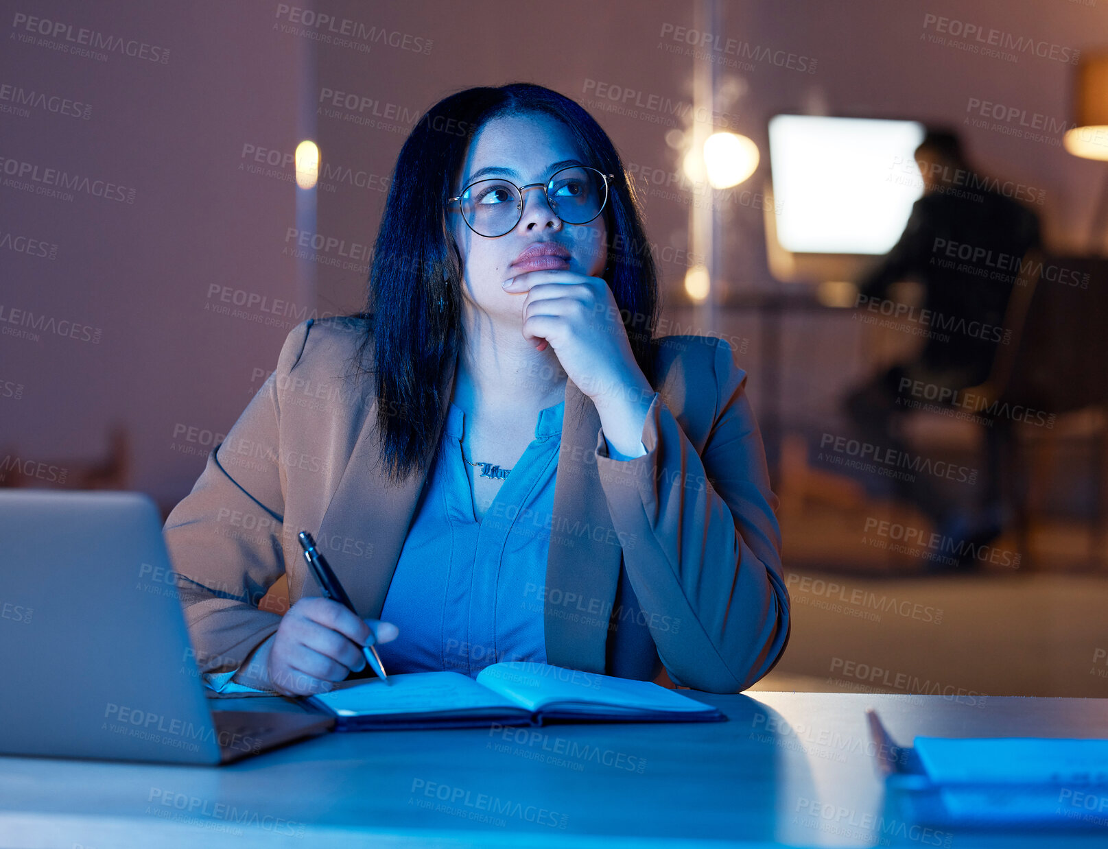 Buy stock photo Thinking, ideas and woman in night office for digital planning, information technology solution and software development. Contemplating, thoughtful and serious business person or programmer notebook