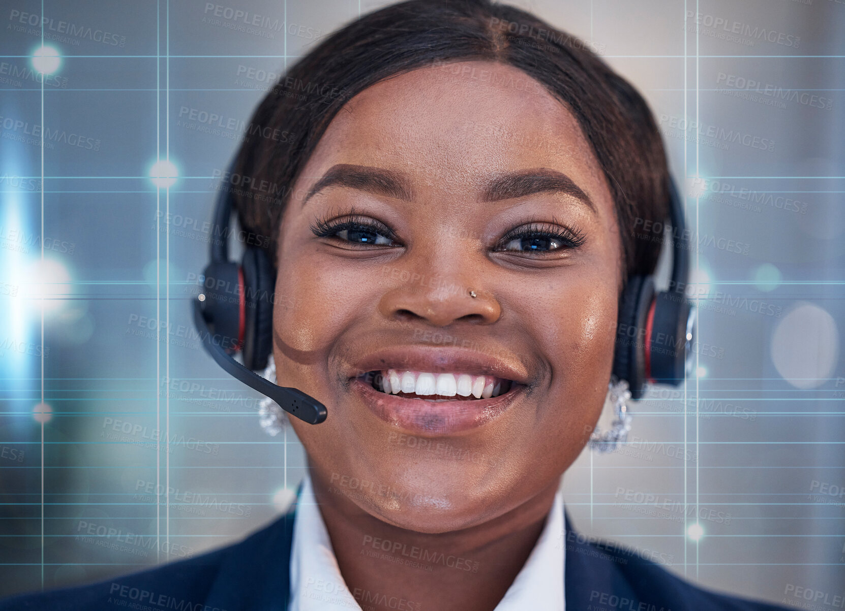 Buy stock photo Futuristic graphic, telemarketing portrait and black woman with tech call center consultant. Customer service, happiness and web support agent with a smile and headphones ready for crm communication