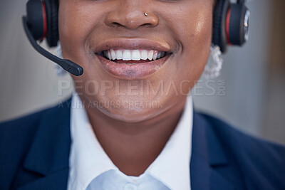 Buy stock photo Smile, teeth and call center agent woman with dental hygiene or health happy to consult customer service. Mouth, African American and consultant talking and excited while working in CRM