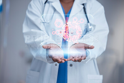 Buy stock photo Doctor, hands and hologram of virus, medical dna evolution and digital science research. Healthcare, bacteria and holographic cells of medicine, growth particles and molecules of genetics innovation 