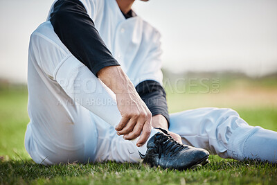 Buy stock photo Baseball player, shoes and ankle pain, man with sport injury and emergency, first aid and need medical care outdoor. Accident, muscle tension and inflammation with male on sports field and fitness