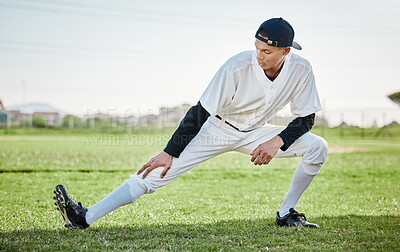 Buy stock photo Baseball stadium, stretching or sports athlete on field ready for training match on grass in summer. Active man, fitness workout or young player in legs warm up to start softball exercise outdoors 