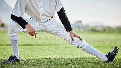 Buy stock photo Baseball stadium, stretching legs or athlete on field ready for training match on grass in summer. Body of man, fitness workout or zoom of sports player warm up to start softball exercise outdoors 